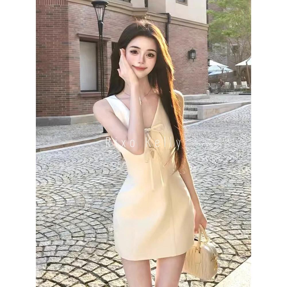 Rixo Kelly气质高级感修身显瘦v领连衣裙女蝴蝶结无袖舒适短裙子