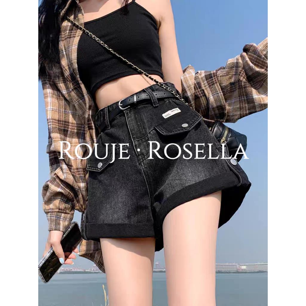 法国Rouje Rosella⭐黑色牛仔短裤女夏设计感高腰卷边a字阔腿裤
