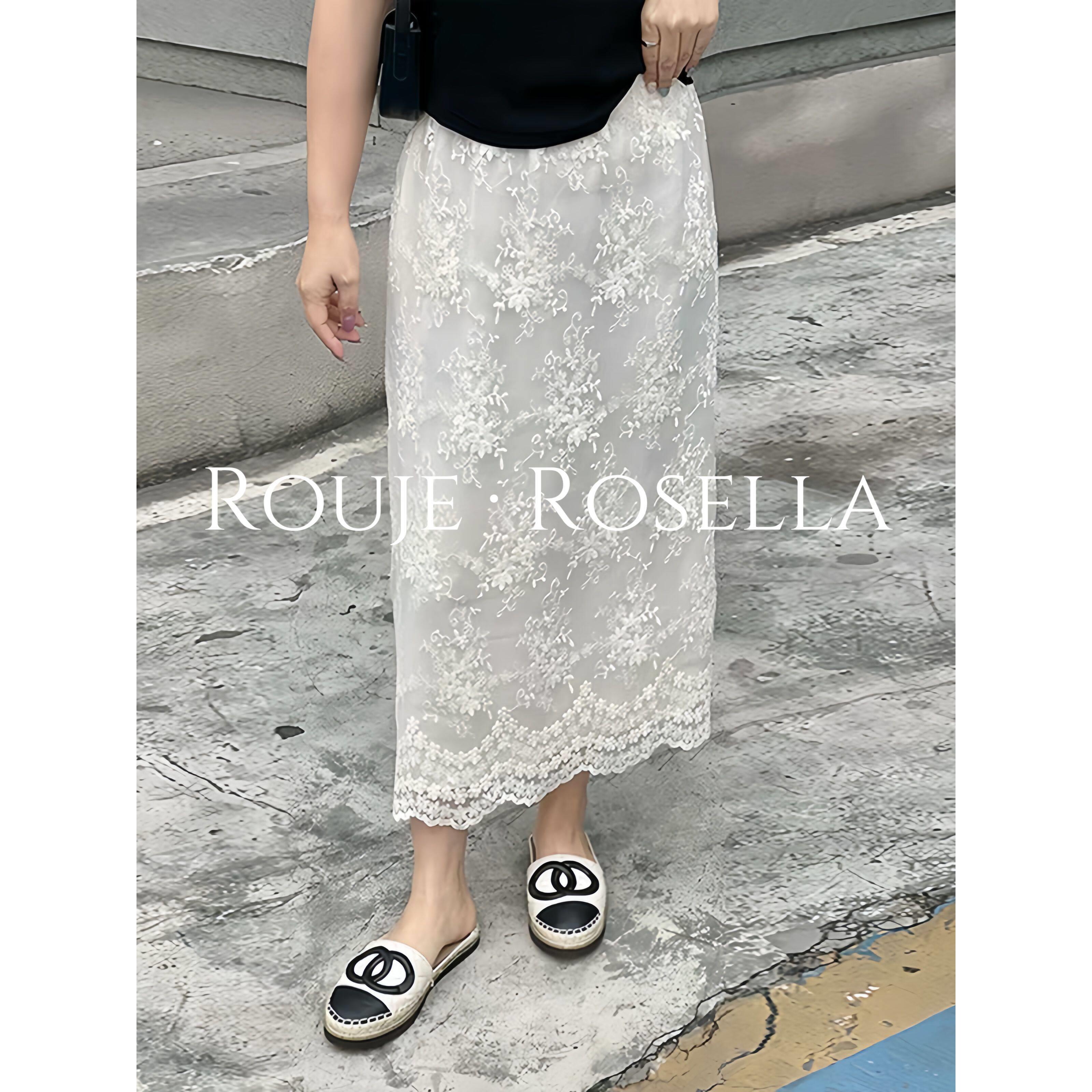 法国Rouje Rosella⭐蕾丝拼接半身裙女夏高腰显瘦中长款后开叉裙