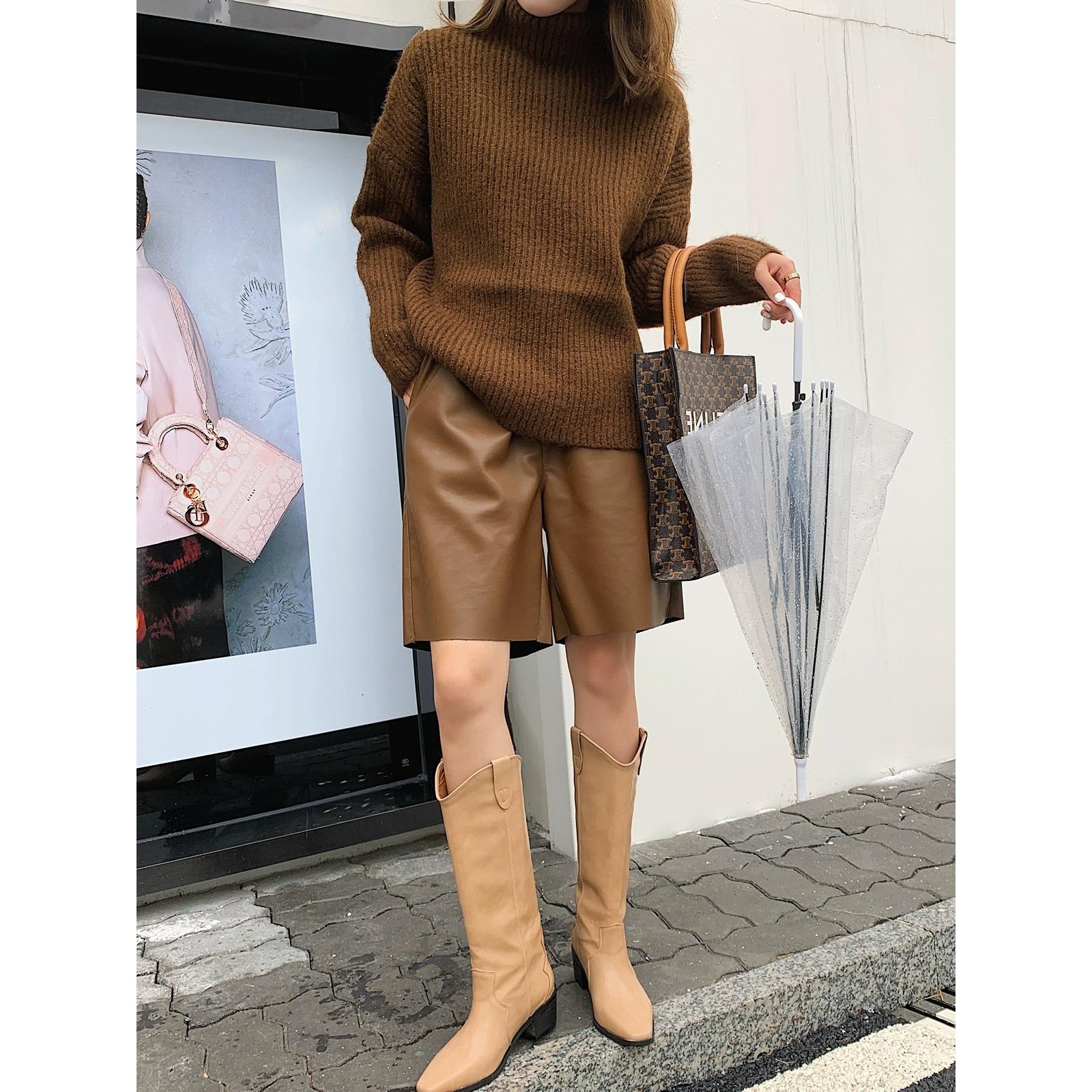 海宁真皮阔腿五分短裤女秋冬季新款绵羊皮直筒高腰中裤显瘦休闲裤