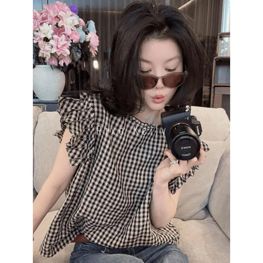 Rixo Kelly气质高级感休闲上衣黑白格子设计感小飞袖百搭舒适衬衫