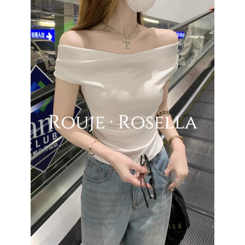 法国Rouje Rosella⭐法式一字肩荡领露肩短袖t恤女夏独特短款上衣