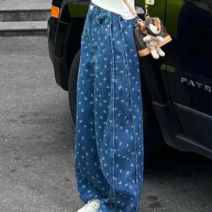 子女蓝色印花阔腿百搭牛仔裤 Kelly休闲宽松设计感垂坠裤 法国Rixo