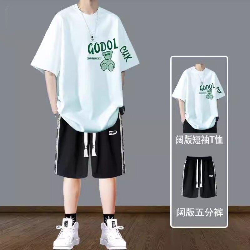 休闲运动套装男夏季潮牌宽松纯棉短袖T恤短裤青少年痞帅穿搭一套