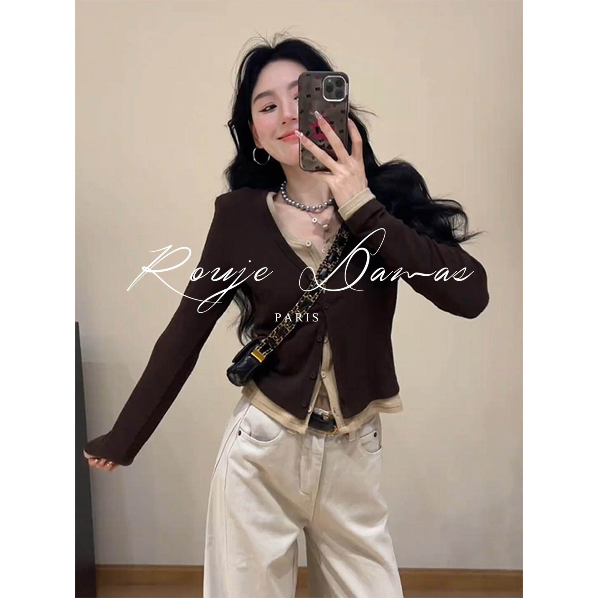 Rouje Damas咖色V领假两件针织衫女修身短款内搭气质长袖T恤上衣