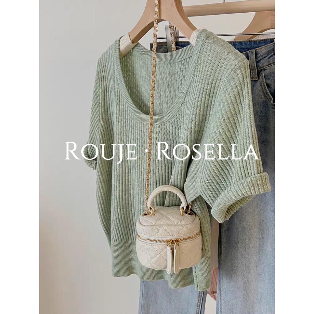 法国Rouje Rosella?法式小资绿色u领慵懒风正肩针织短袖t恤上衣