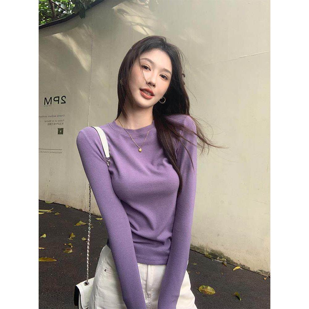 法国Rouje Dsyle紫色圆领针织长袖t恤女士秋季百搭套头内搭打底衫