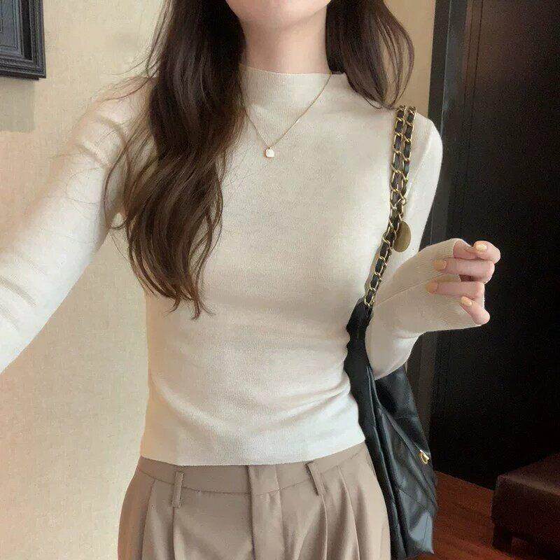 2026新款白色半高领长袖T恤女装秋冬季内搭紧身羊毛衣打底针织衫
