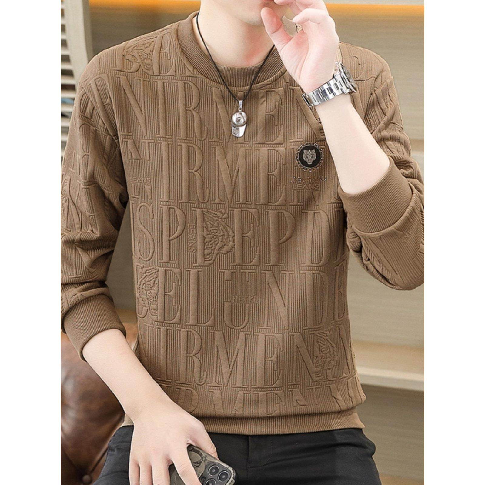 2024春秋新款卫衣男潮牌提花圆领宽松纯棉薄款打底衫男士长袖T恤