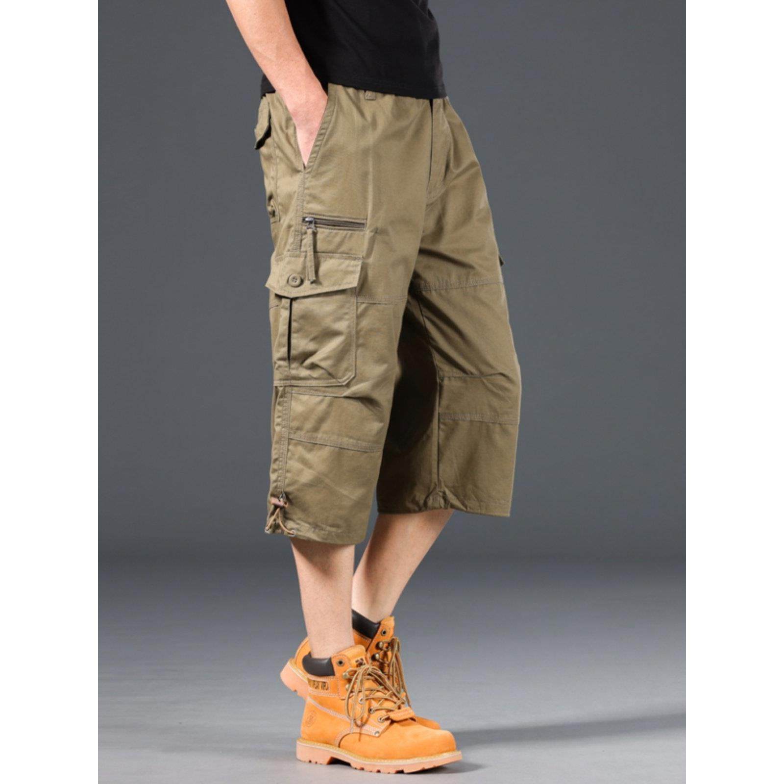 欧美男士运动裤多口袋七分裤男休闲裤宽松纯棉户外耐磨工装短裤子