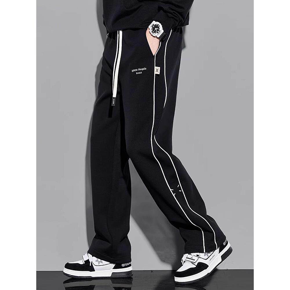 休闲裤男秋冬新款美式潮牌条纹宽松卫裤垂感阔腿直筒裤男士运动裤