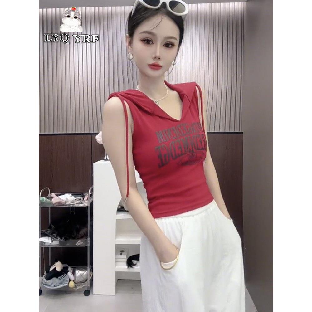 LYQ YRF辣妹风性感连帽V领修身背心吊带女夏季洋气别致短款上衣