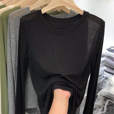 韩国新款黑色长袖t恤女打底衫2025春秋薄款针织内搭纯色上衣体恤