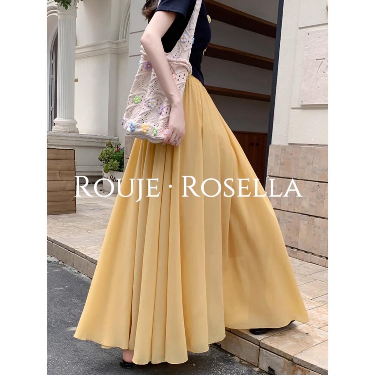 法国Rouje Rosella法式雪纺百褶半身裙女夏垂感a字伞裙大摆长裙