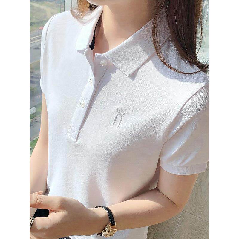 韩国纯棉正肩短袖t恤女夏季休闲运动大尺码显瘦翻领polo衫上衣