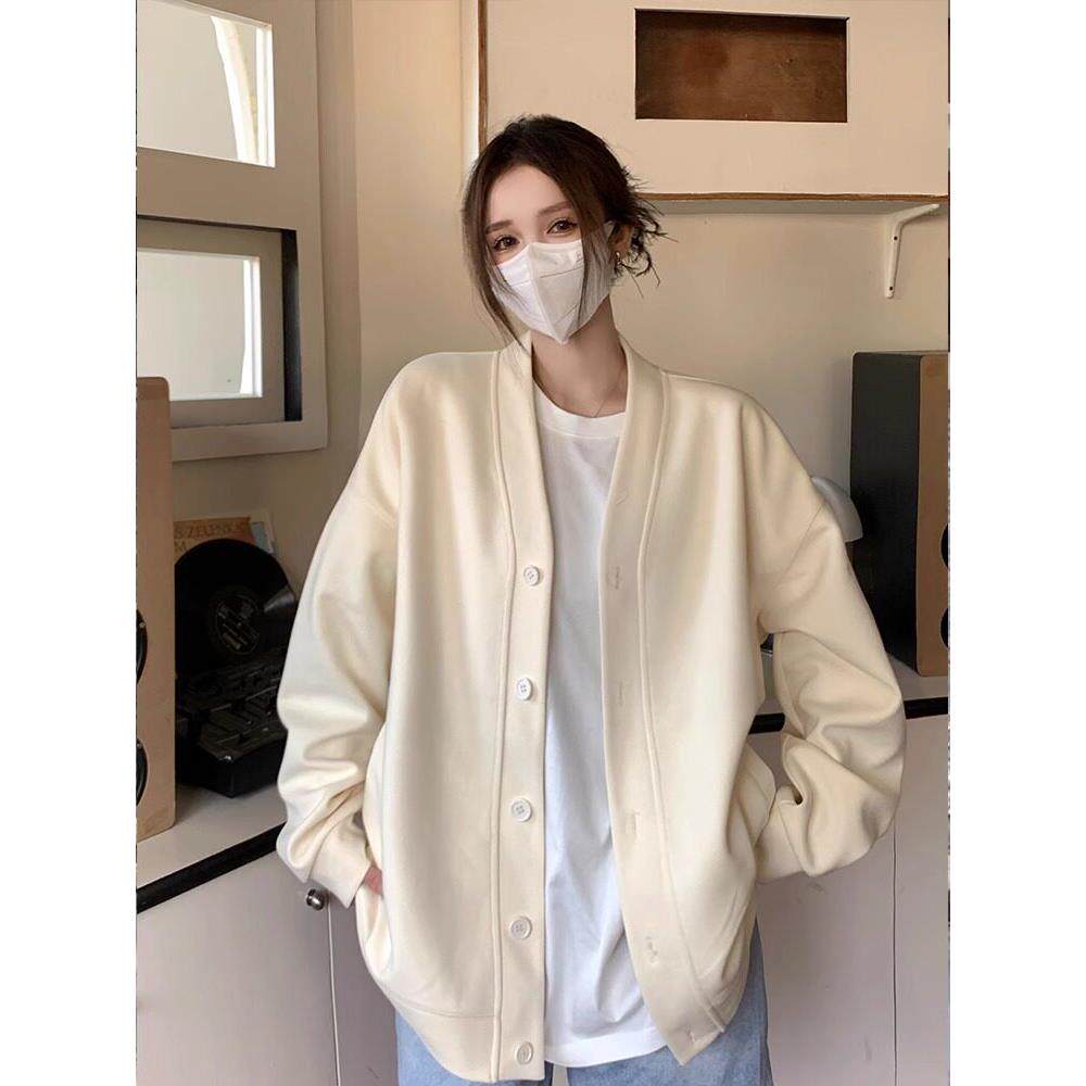 日系2025新款春秋加绒休闲针织开衫外套女宽松慵懒中长款v领卫衣