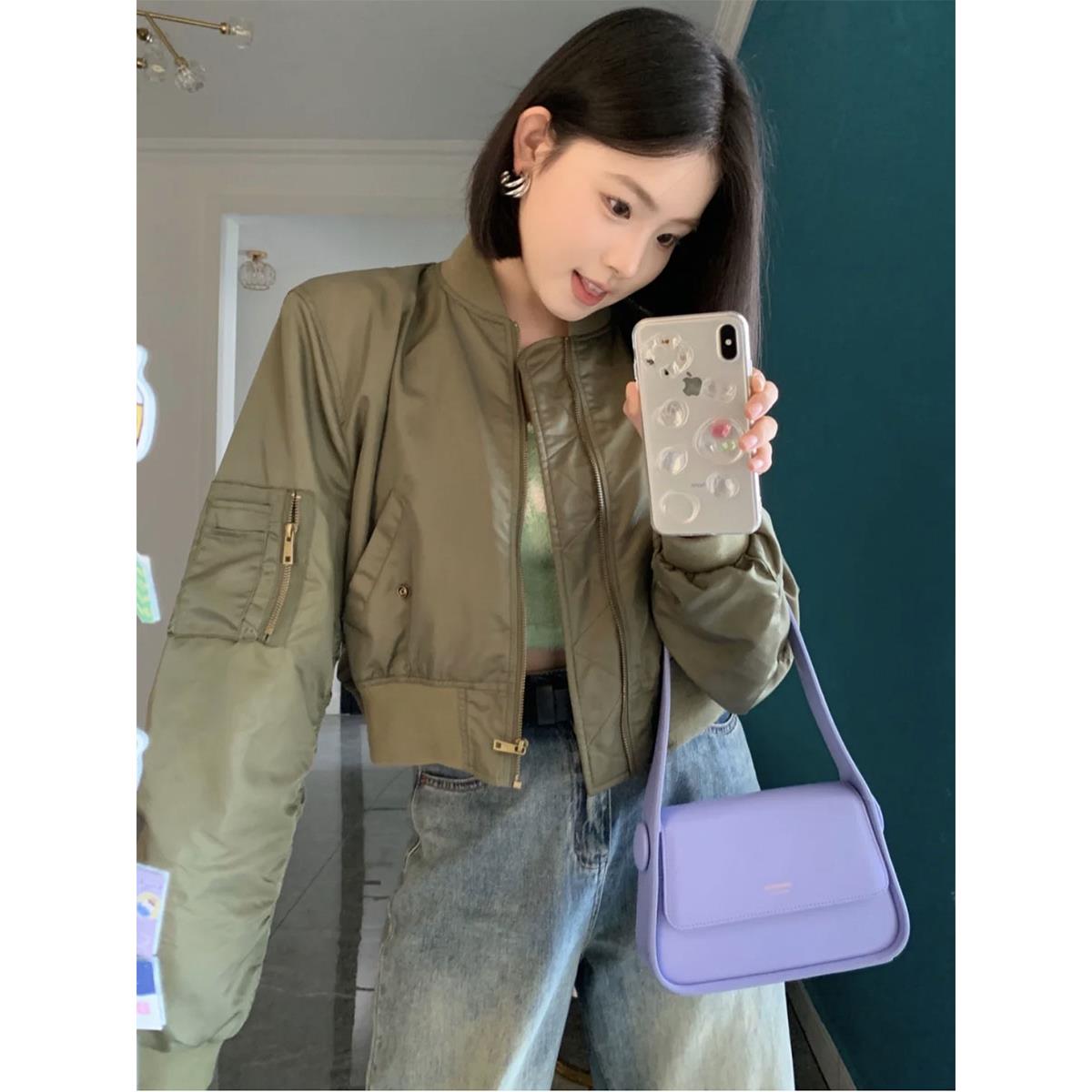 香港欧货军绿色棒球服女春秋美式覆古夹克上衣高街潮牌小众短外套