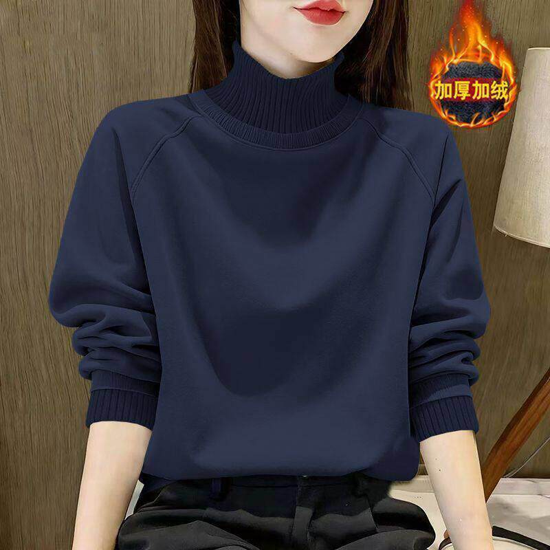 新款秋冬季加绒加厚高领长袖卫衣女大码宽松减龄韩版拼接保暖上衣