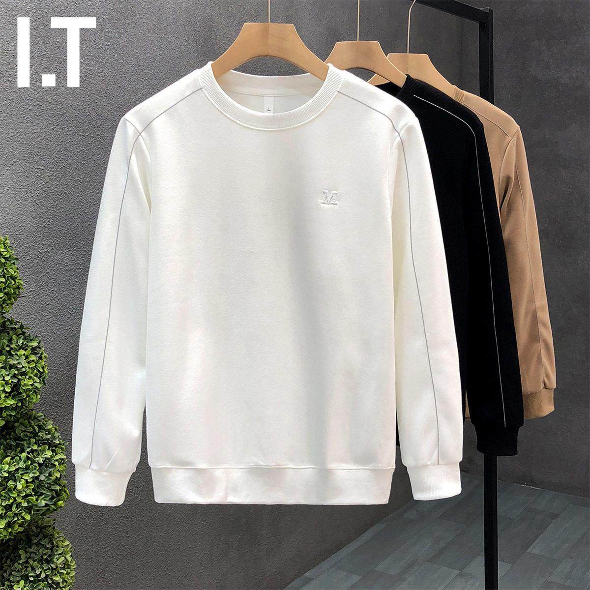 潮牌秋冬季加绒加厚白色卫衣男士圆领刺绣长袖t恤休闲纯色打底衫