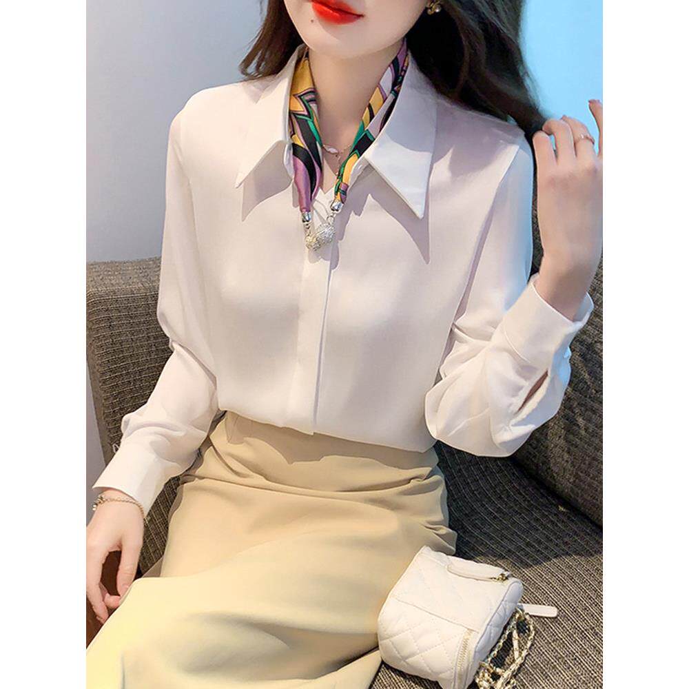 白色雪纺衬衫女士秋季2025新款时尚缎面长袖上衣法式别致洋气小衫