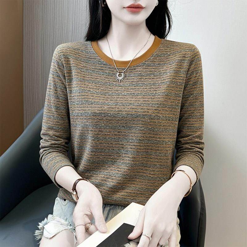 韩国条纹长袖t恤女2026秋季新款显瘦圆领撞色减龄高级感打底宽松