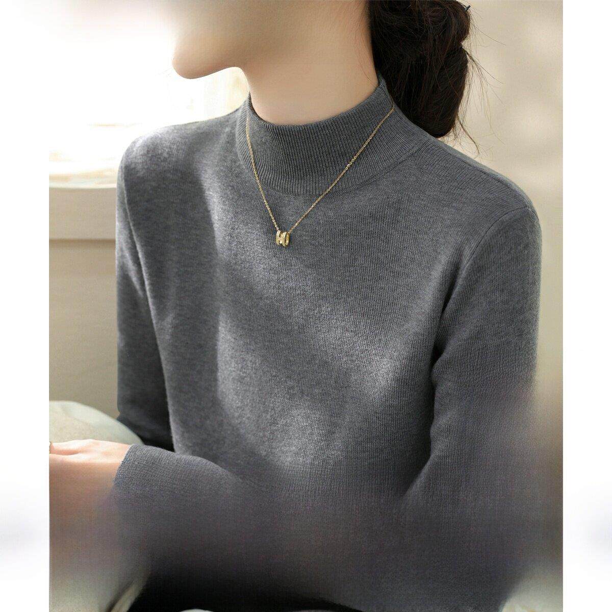 灰色半高领内搭100%羊毛针织衫女装秋冬新款高级长袖修身打底上衣,女装/女士精品,毛针织衫,淘宝优惠券,粉丝福利购,淘宝优惠卷