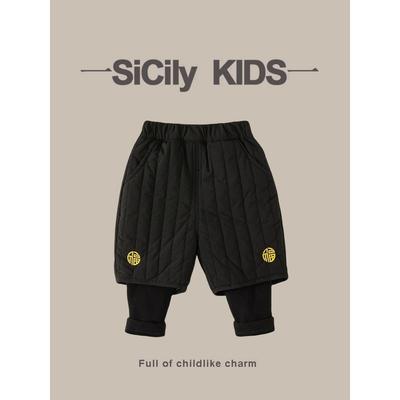 SiCily Kids-男女宝裤子秋冬新款加绒假两件休闲百搭宽松黑色棉裤