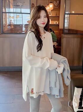 白色长袖t恤女春秋2025年新款中长款宽松显瘦洋气内搭打底衫上衣