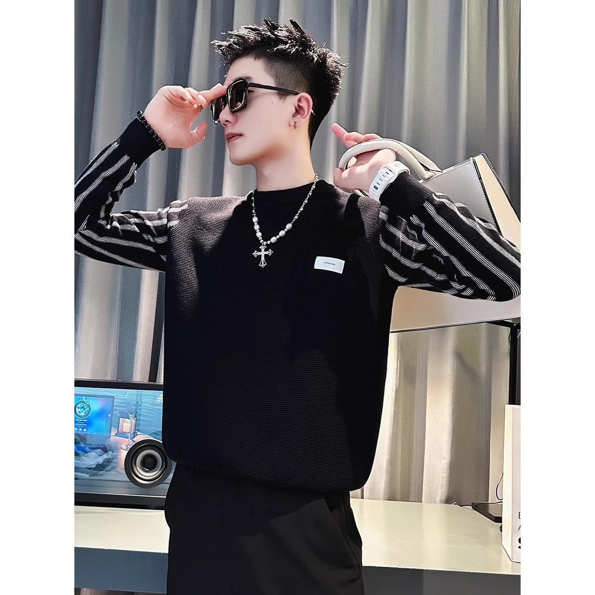 LL男装毛衣男秋冬季2024新款圆领加厚打底衫内搭痞帅假两件条纹潮