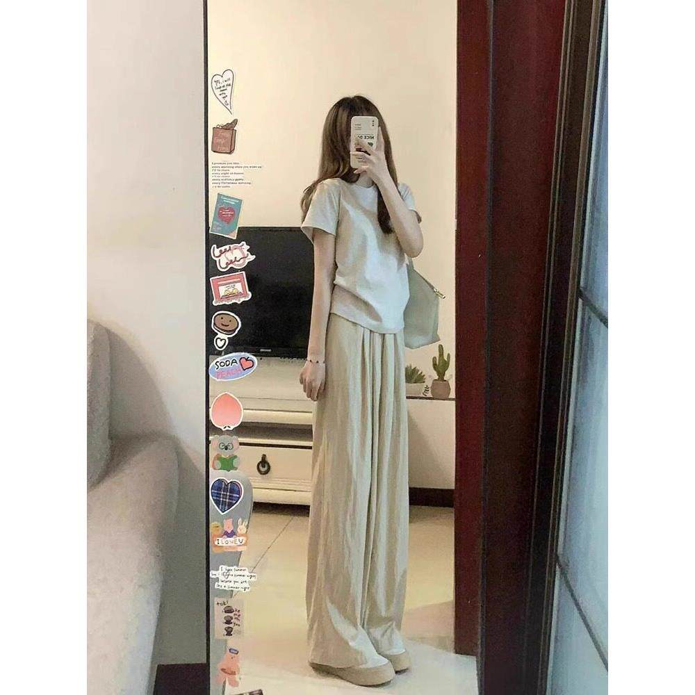 日系正肩短袖t恤上衣女夏季小个子茶系穿搭一整套显瘦减龄两件套