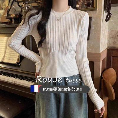 Rouje tusse白色羊绒圆领毛衣女秋冬慵懒打底衫收腰短款羊毛上衣
