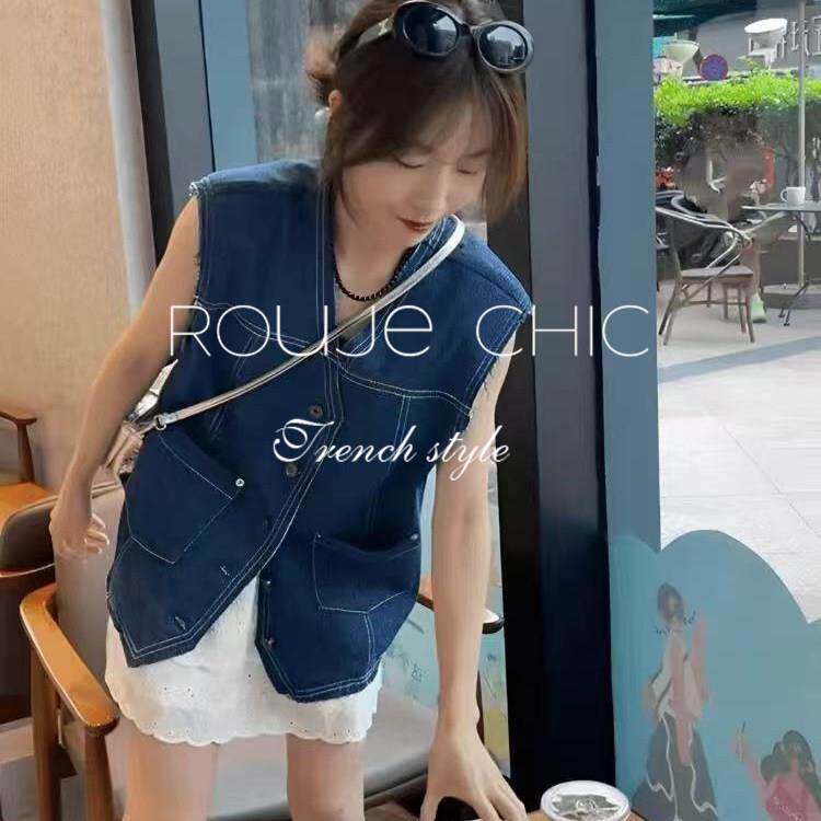 法国rouje chic法式复古深蓝色薄款牛仔马甲外套女夏坎肩背心上衣