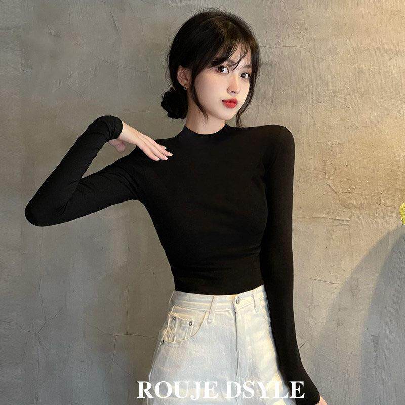 Rouje Dsyle黑色半高领打底衫女装秋冬内搭修身面膜长袖t恤上衣服