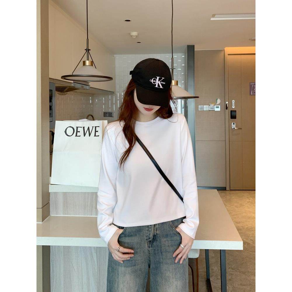 韩国小个子短款长袖上衣春秋基础宽松叠穿打底衫女2025正肩白T恤