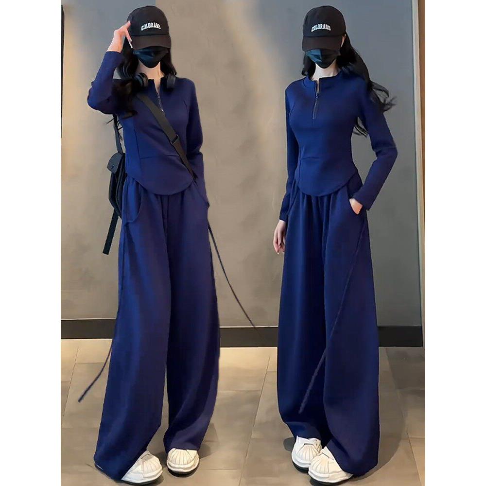 香港时尚套装女2025春季半拉炼立领长袖卫衣显瘦休闲运动两件套潮