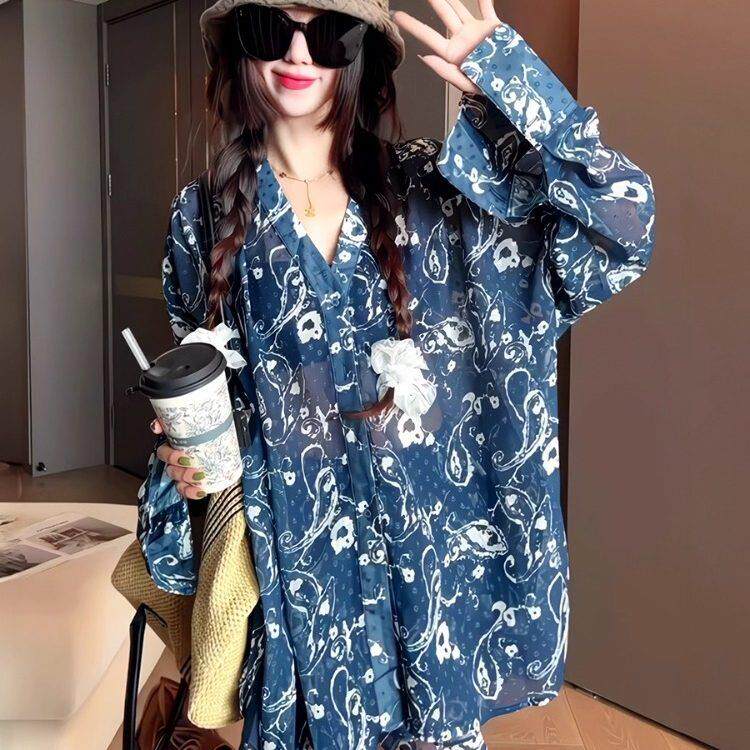 DOEN MOCY法式复古雪纺衣衬衫短裙两件套女宽松休闲碎花气质套装
