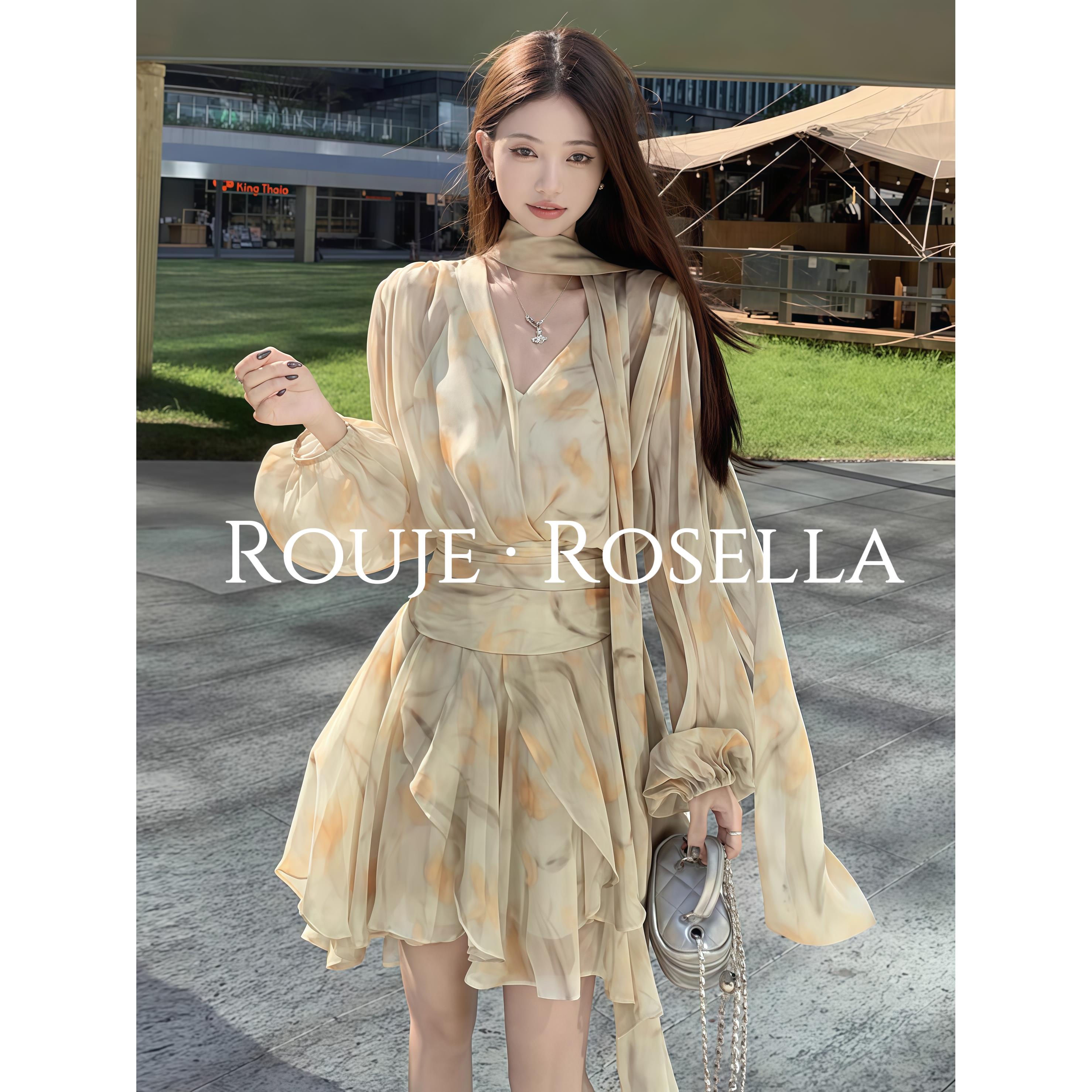 法国Rouje Rosella⭐法式碎花v领长袖雪纺连衣裙女夏收腰a字短裙