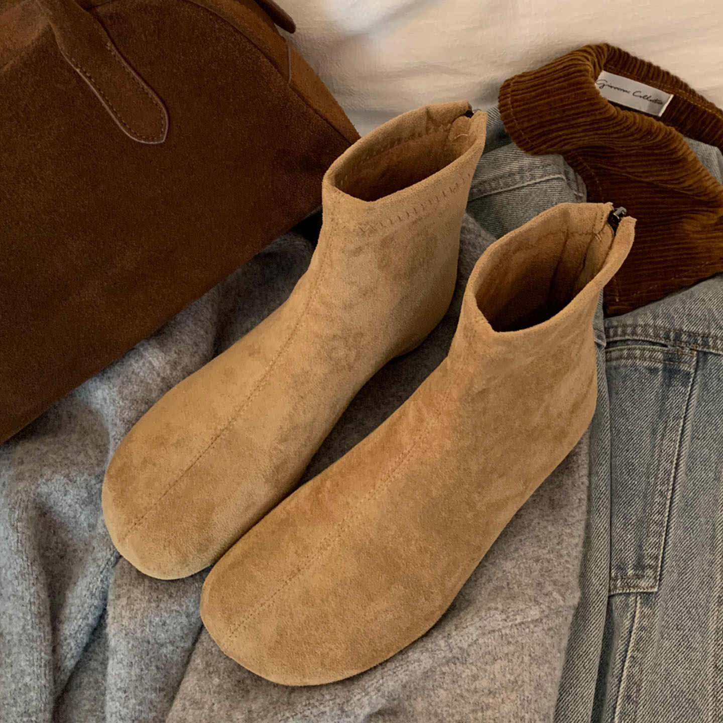 法式复古圆头粗跟马丁小踝靴女