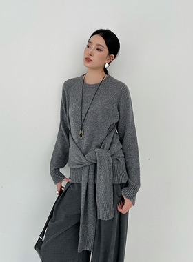 爱姐家ELSISSI慵懒风上衣长袖t恤女2025秋装新款女装高级感披肩针