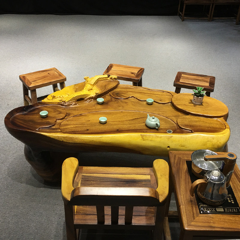 家用树根桌阳台茶台功夫整体实木胡桃木原木茶几茶具茶桌根雕花梨