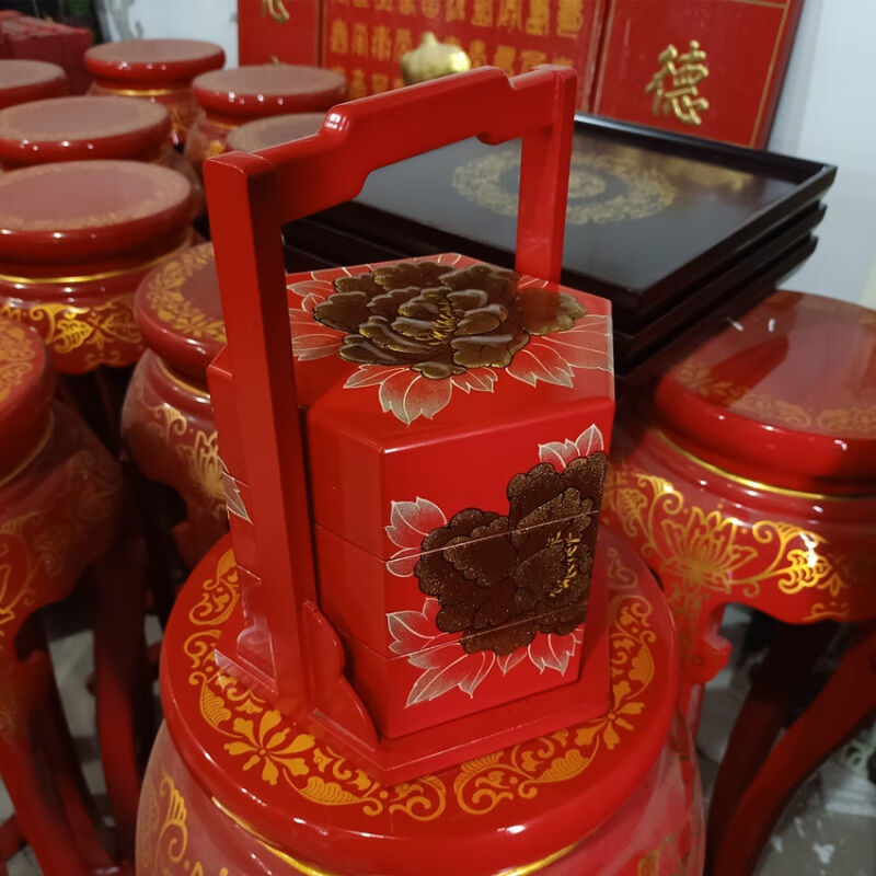 琉唐艺汇推光漆器手工彩绘三层带盖六角提盒堆漆牡丹传统漆画工艺