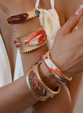 复古撞色飘带丝巾镂空开口手镯女