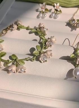 白色铃兰花耳环+手链项链~超仙