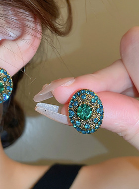 Elliptical geometry earrings 复古轻奢镶钻椭圆银针耳钉耳环女