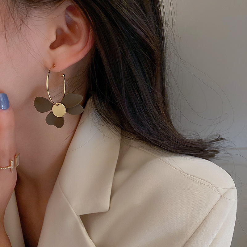 不对称撞色花朵耳钉耳圈耳环女