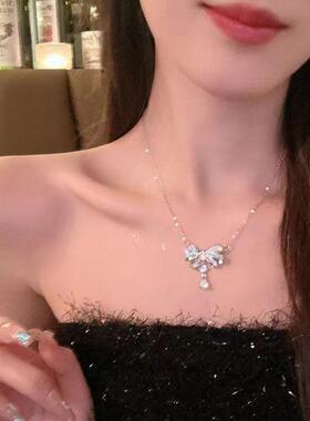 锆石满钻蝴蝶结吊坠项链女ins
