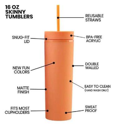 16oz Acrylic Skinny Tumbler Straws Cup With Lids Drinkware