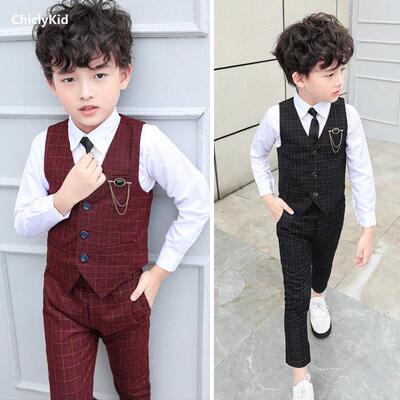 Boy Plaid Vest Blazer Kids Waistcoat Wedding Clothes Set Tod