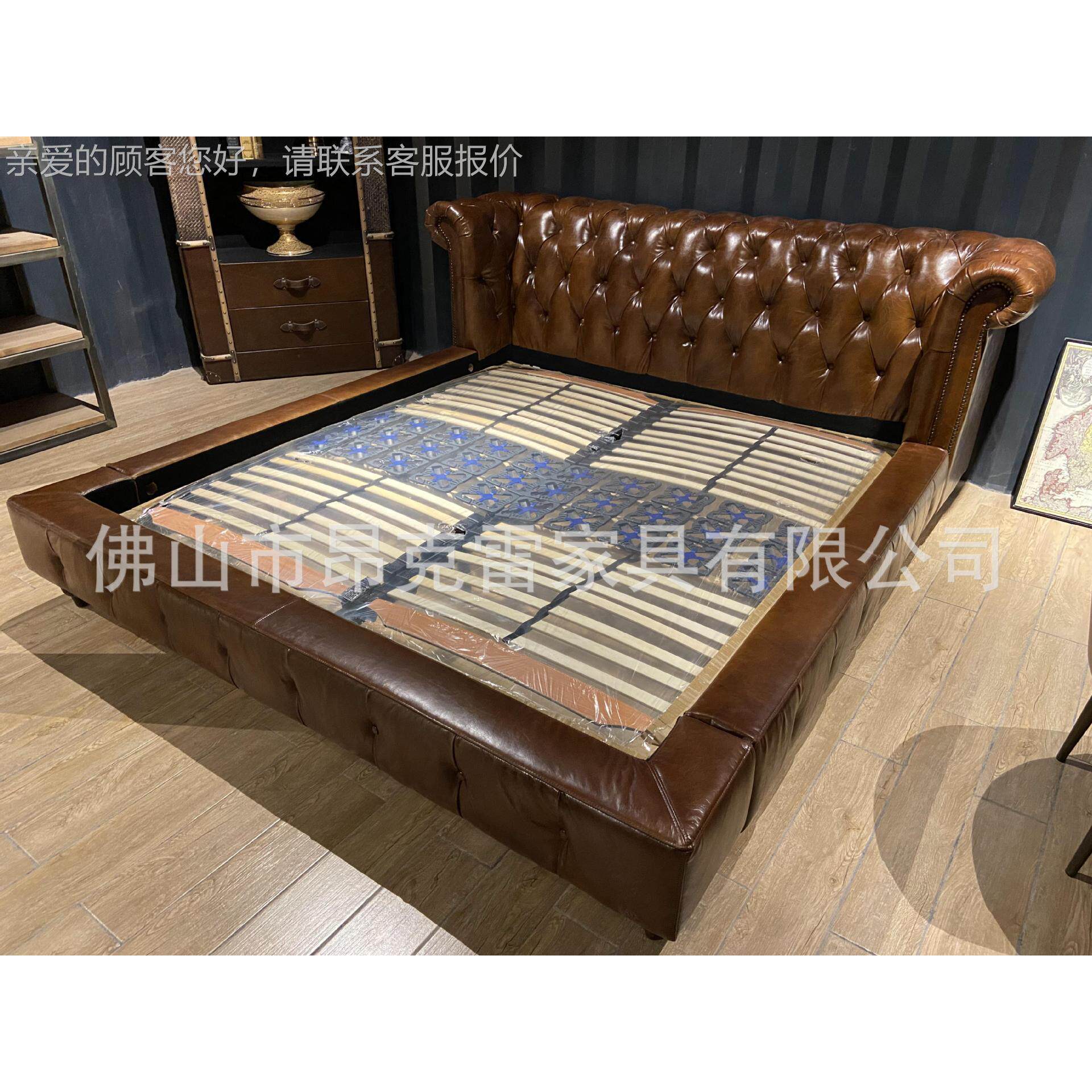美工床式B016家具厂皮真皮床复古头层牛全皮拉扣头实木主人房双人
