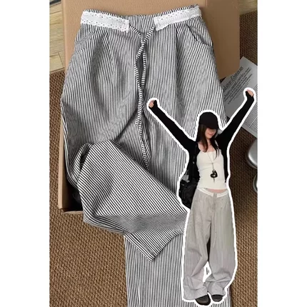 吕姬服饰黑白条纹裤女夏季2026新款垂坠感老钱风裤子小个子阔腿裤
